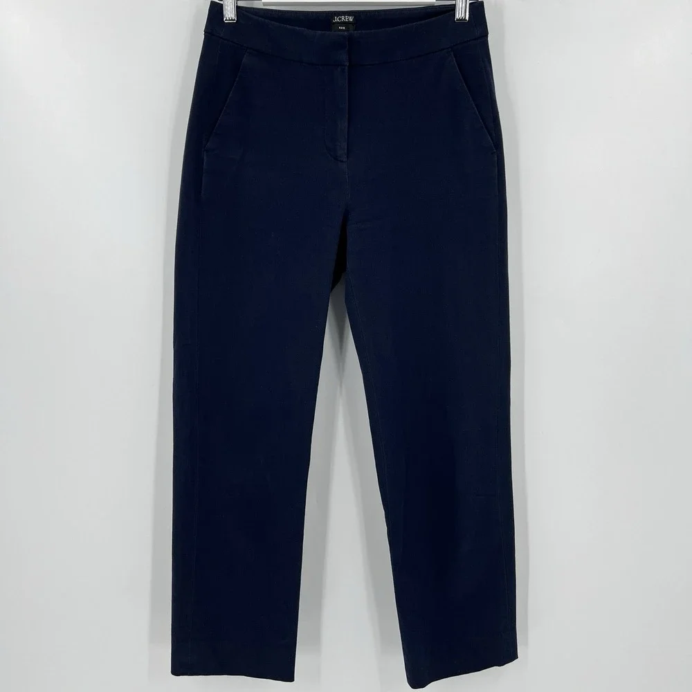 J. Crew Women's Size 4 Kate Straight Leg Pants Bi-Stretch Cotton Navy Blue BF401